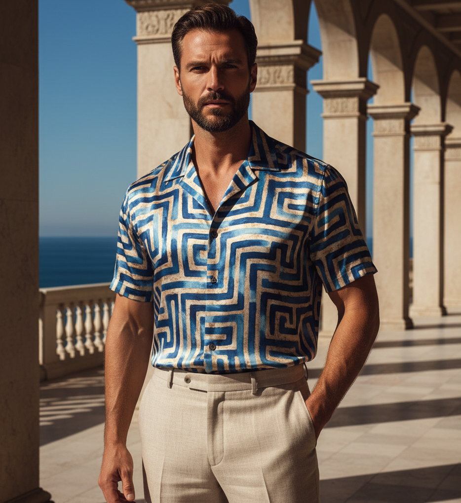 Camisa Resort "Mediterranean Luxe" de Seda con Estampado Geométrico – Azul y Oro
